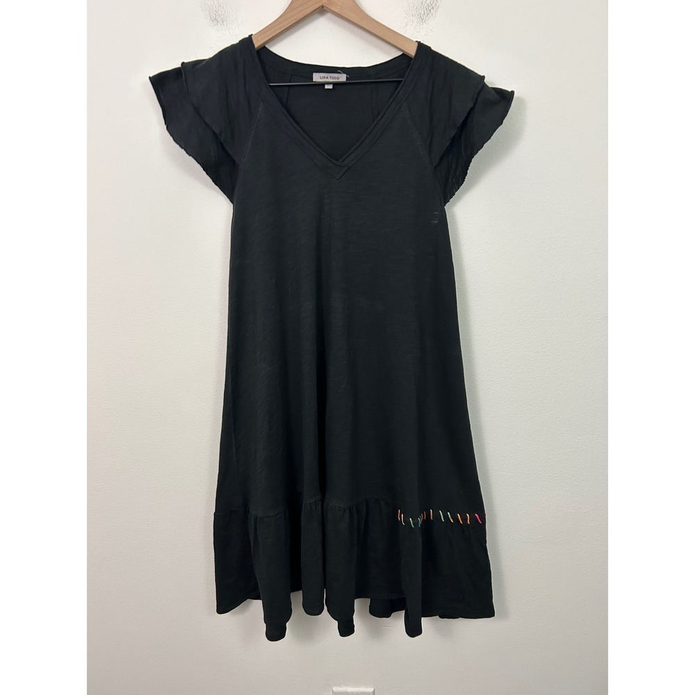 Lisa Todd Black Cotton Ruffle Sleeve Mini Dress Rainbow Whipstitch Small - Picture 3 of 11
